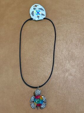 Marble Multicolor Turtle Pendant Necklace on Black Stretchy Cord